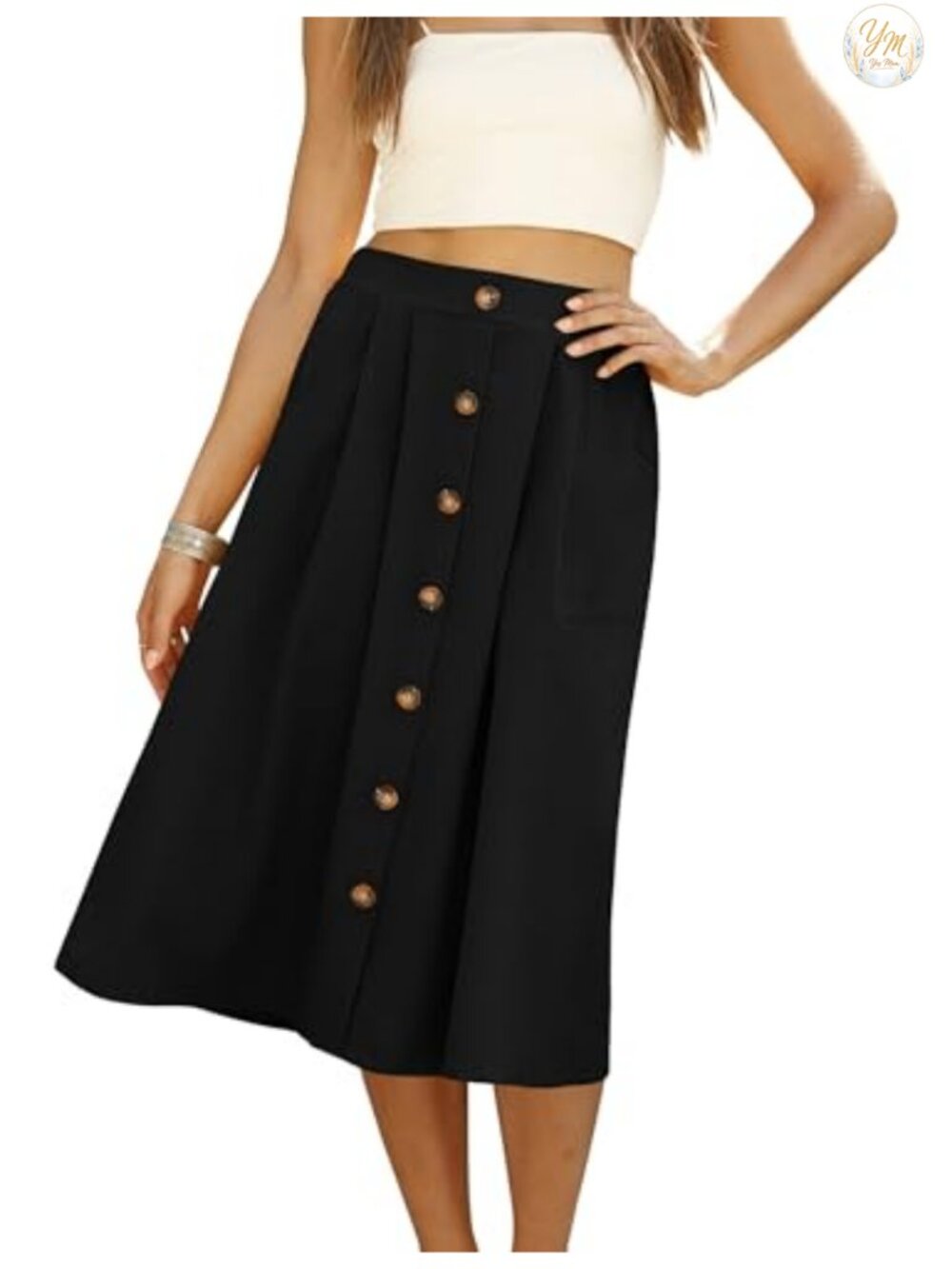 Women's Summer Midi Skirt Front Button A-Line High Waisted with Pockets
